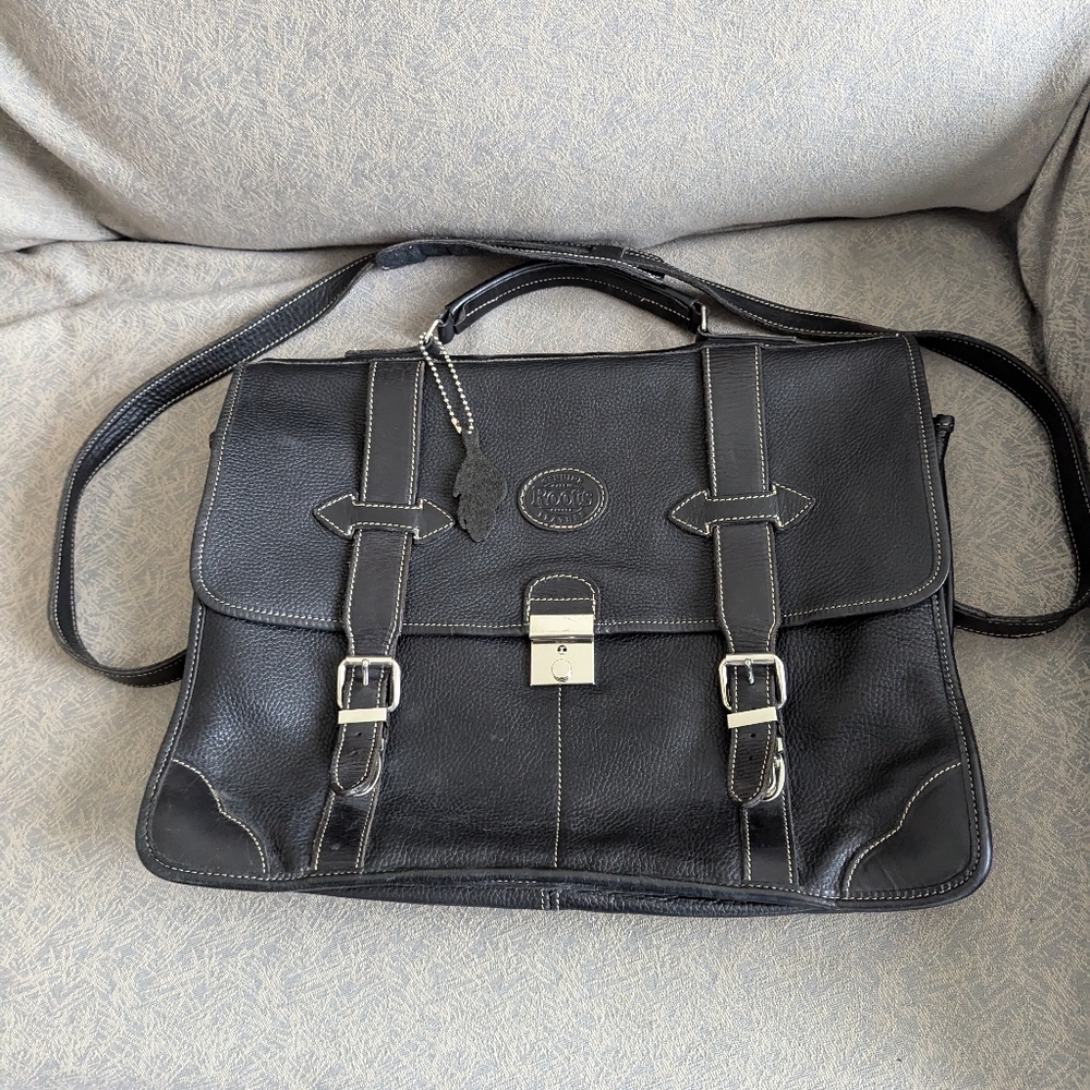 Roots Black Leather Messenger Bag with Silver Hardware